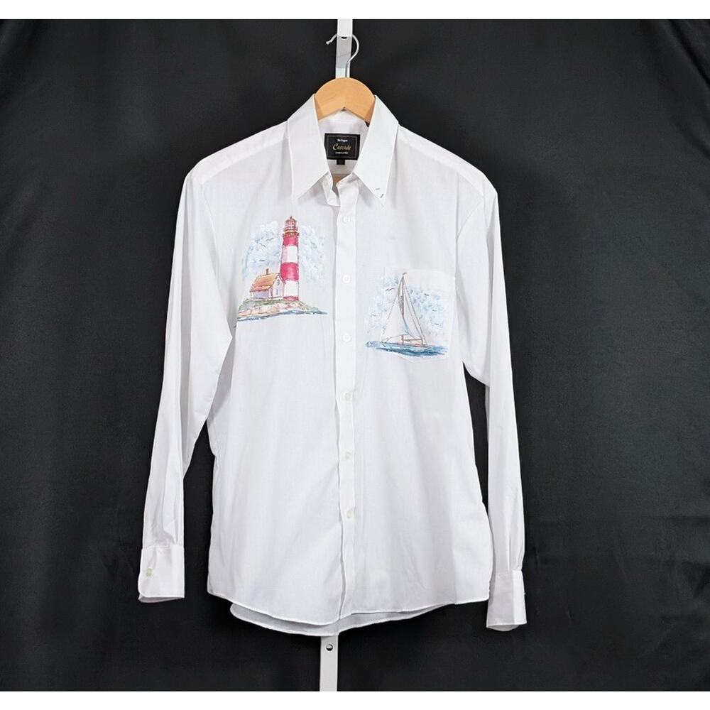 Vintage 90s Shirt White Lighthouse Beach Sailboat Theme Men's 15-1/2 34